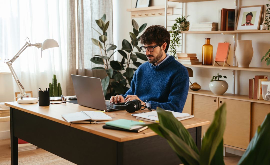 Working remotely from a bright home office