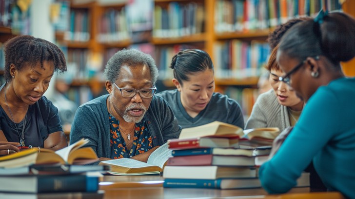 Adult learners studying together around a table